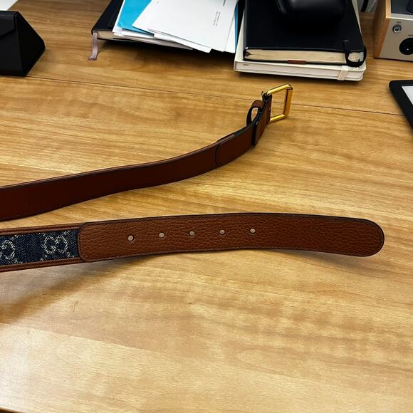 GUCCI WOMENS BROWN LEATHER & DENIM SQUARE BUCKLE BELT sz 70 NEW Authentic main image 13
